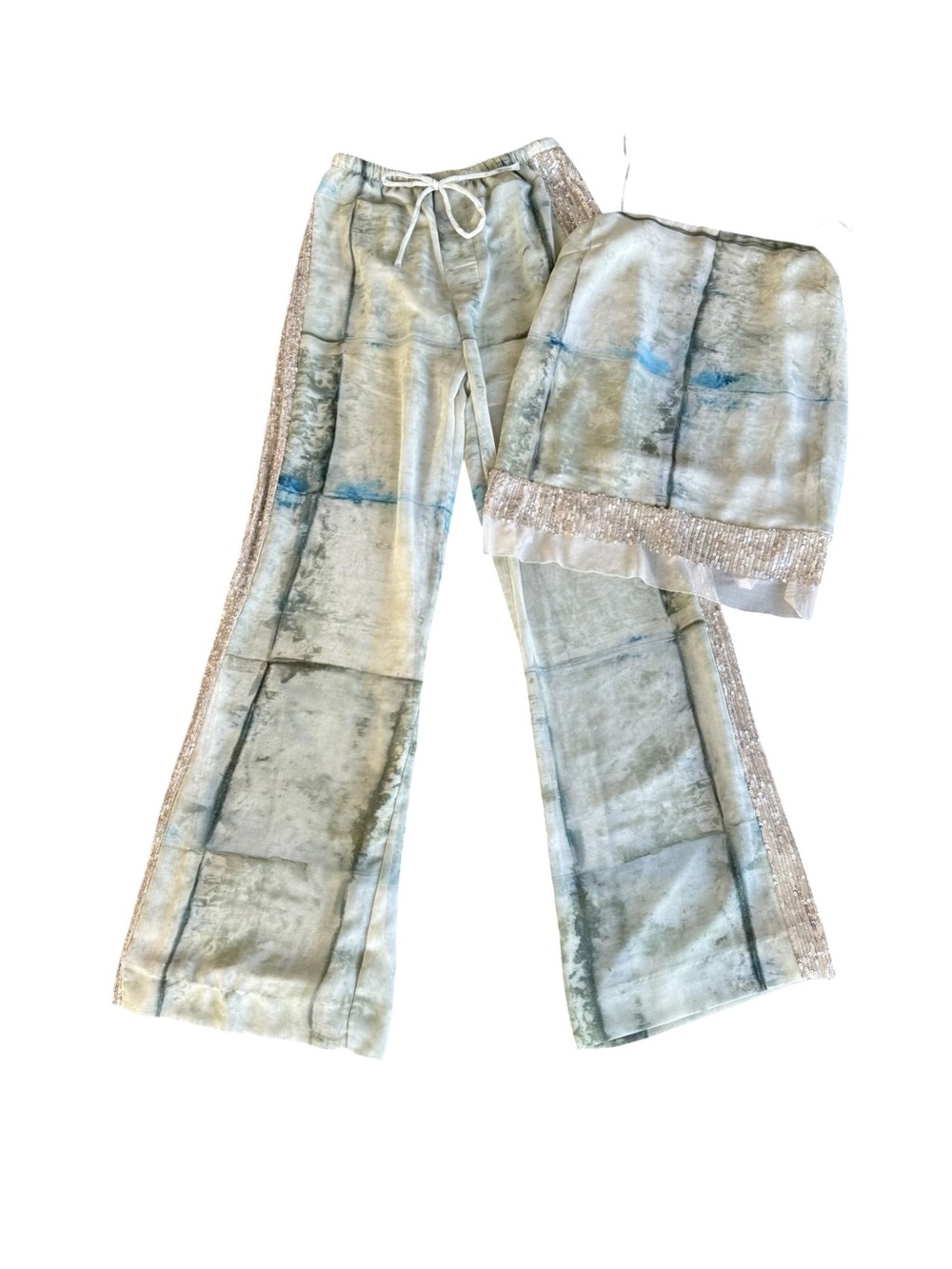 Zara Printed Satin Sequin Trim Camisole Top Wide Leg Pants Set Green Gray XS